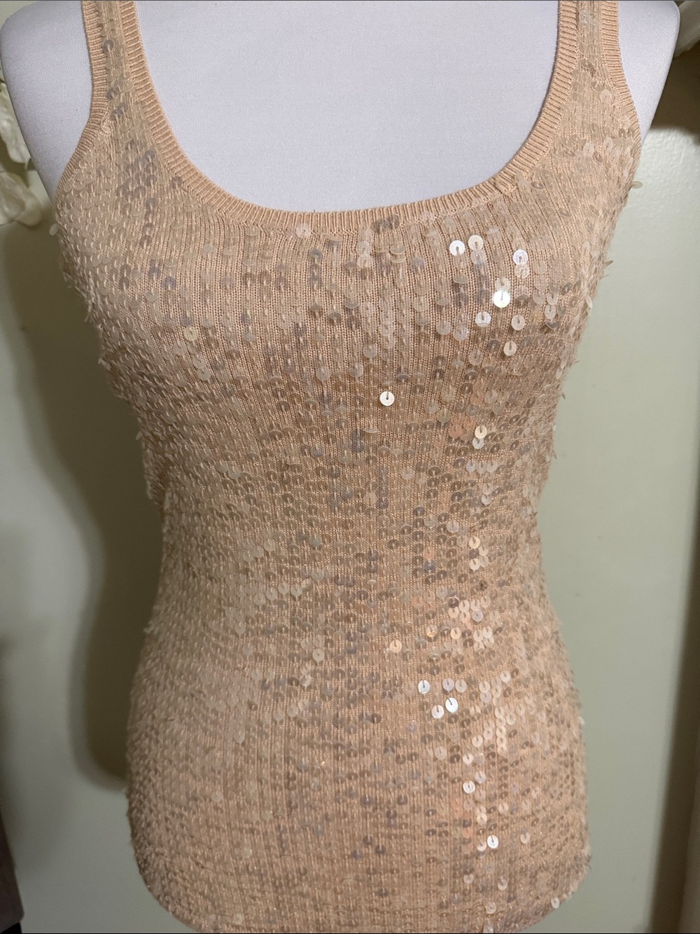 bebe Silk Beige Sequin Tank Top - Picture 2 of 4